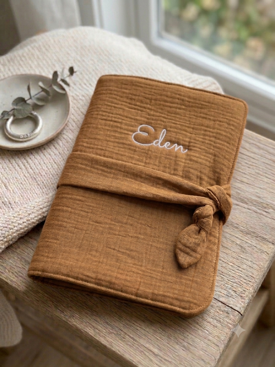 Protège-carnet de santé en double gaze de coton personnalisable avec prénom brodé