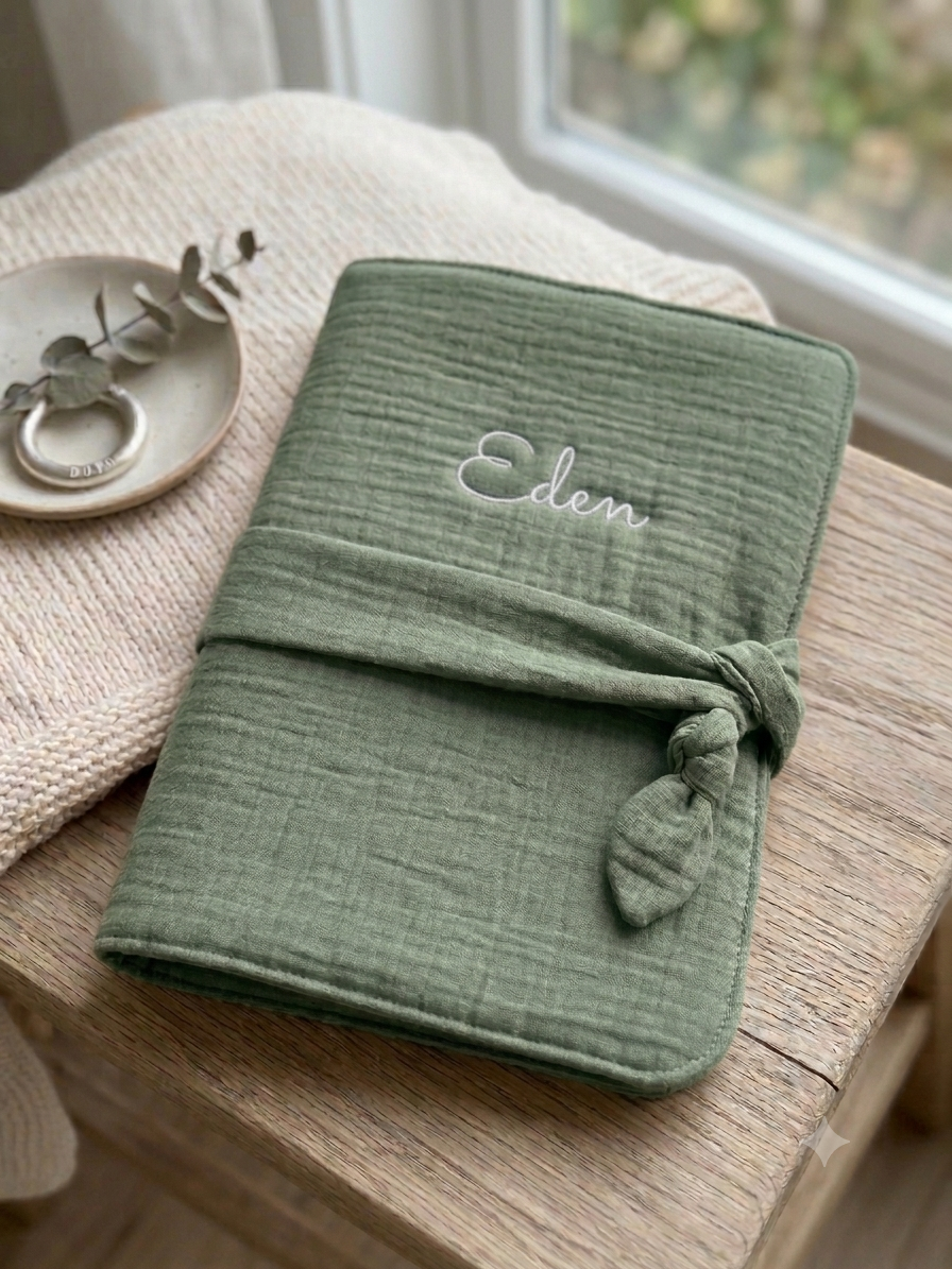 Protège-carnet de santé en double gaze de coton personnalisable avec prénom brodé